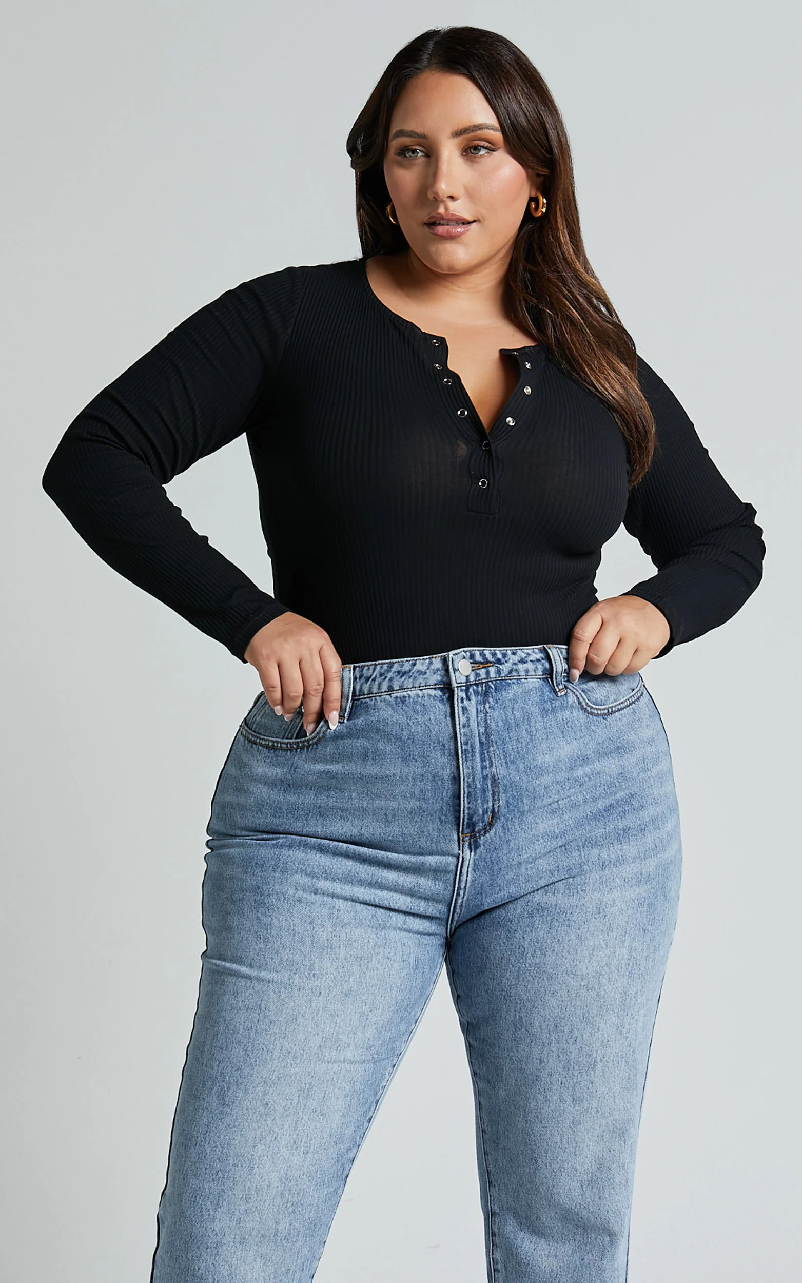 Tatem Bodysuit - Long Sleeve Button Front Bodysuit in Black - Image 4