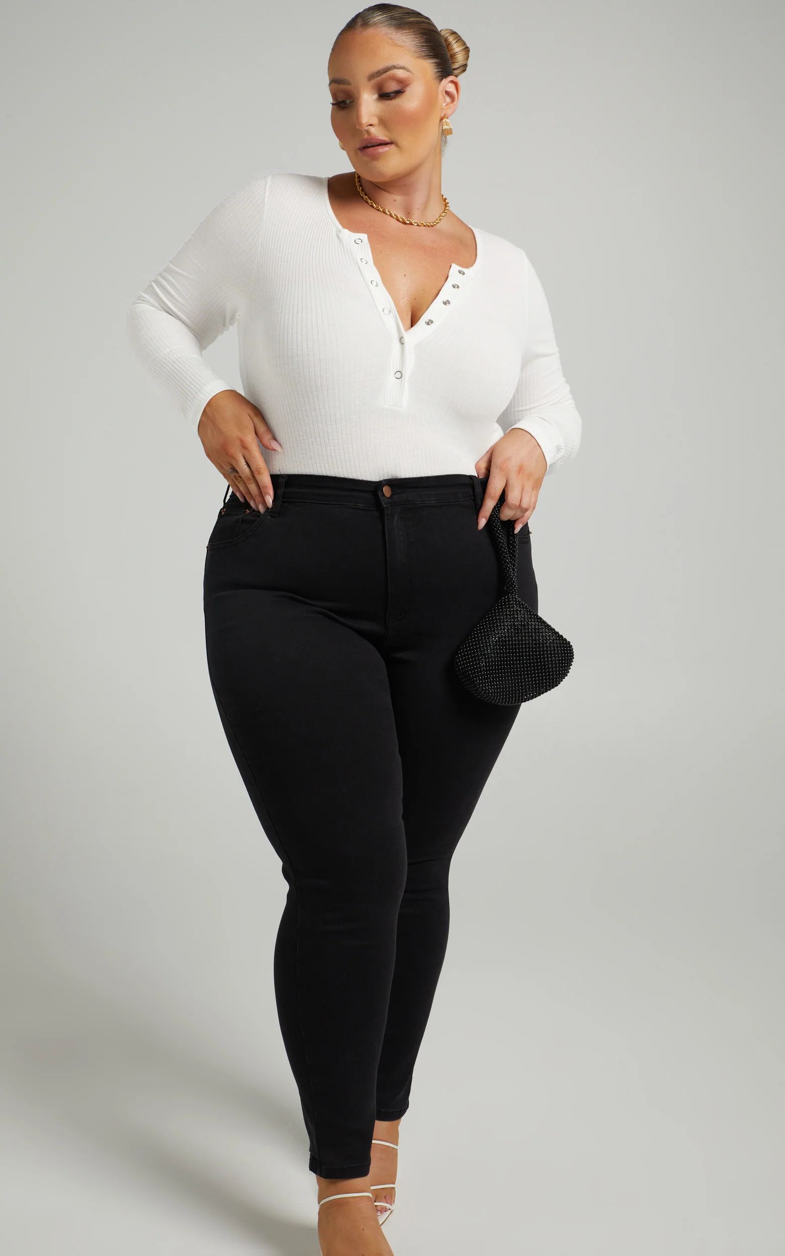 Tatem Bodysuit - Long Sleeve Button Front Bodysuit in White - Image 9