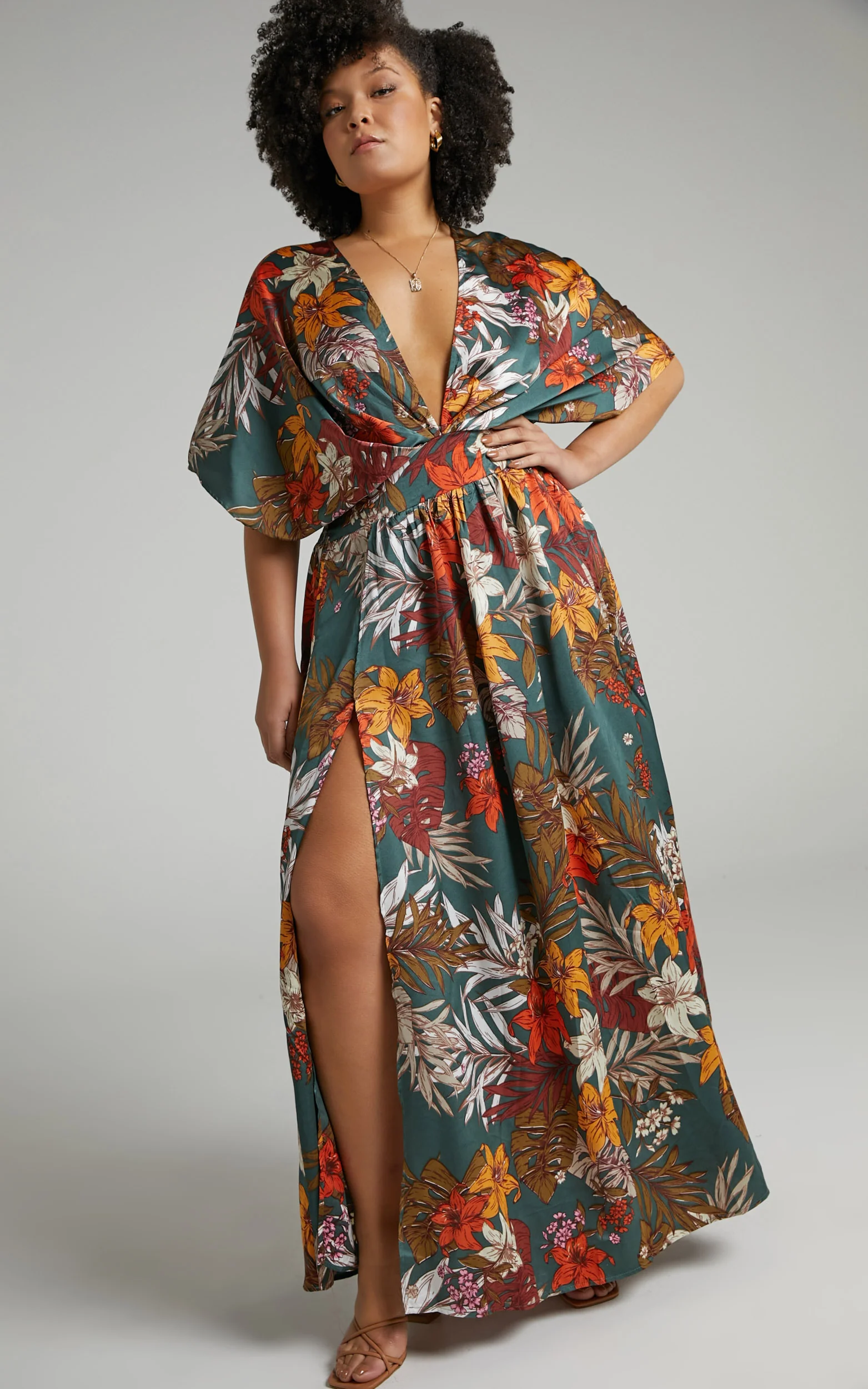 Vacay Ready Maxi Dress - Plunge Thigh Split Dress in Teal Floral Satin - Image 3
