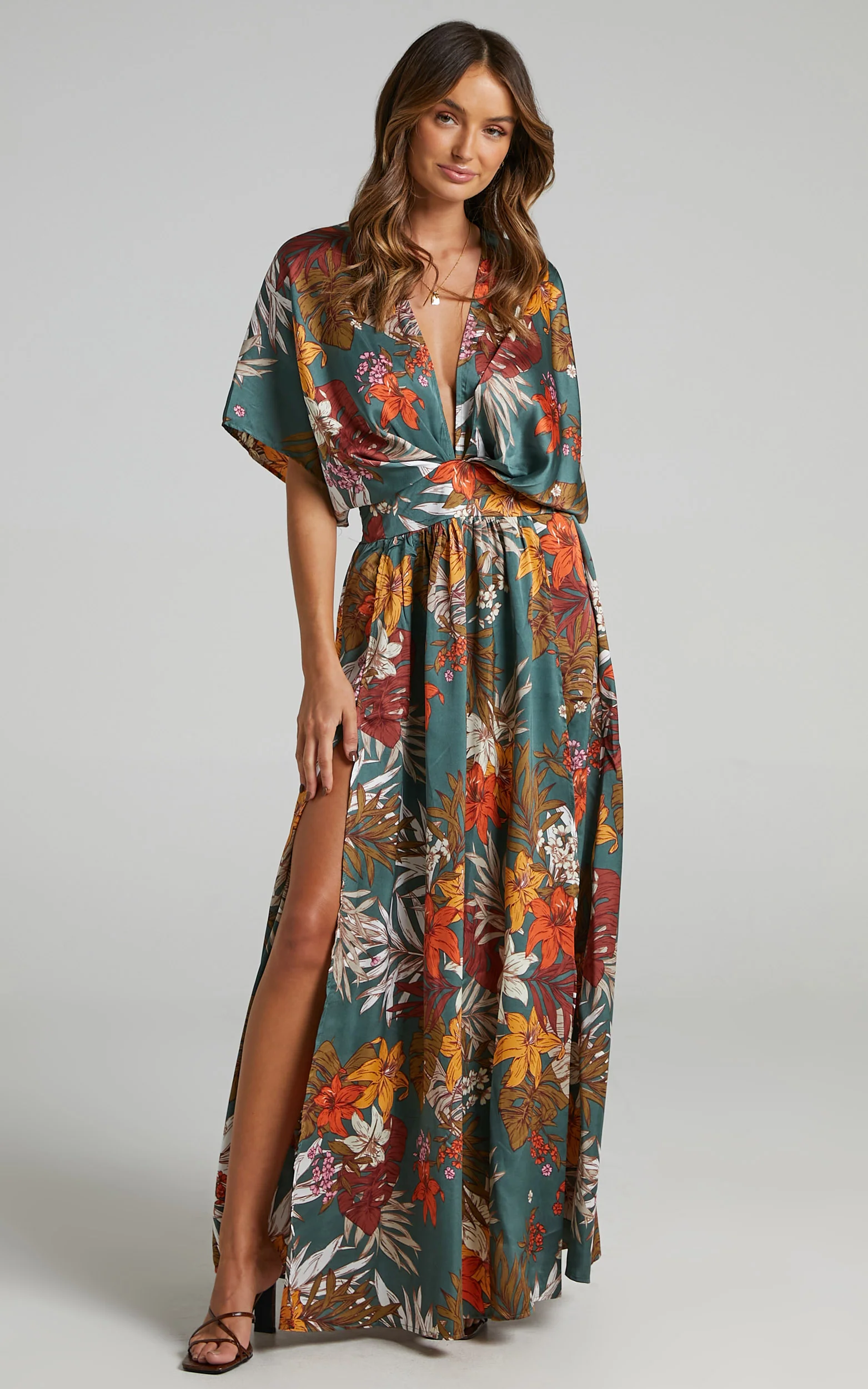 Vacay Ready Maxi Dress - Plunge Thigh Split Dress in Teal Floral Satin - Image 4