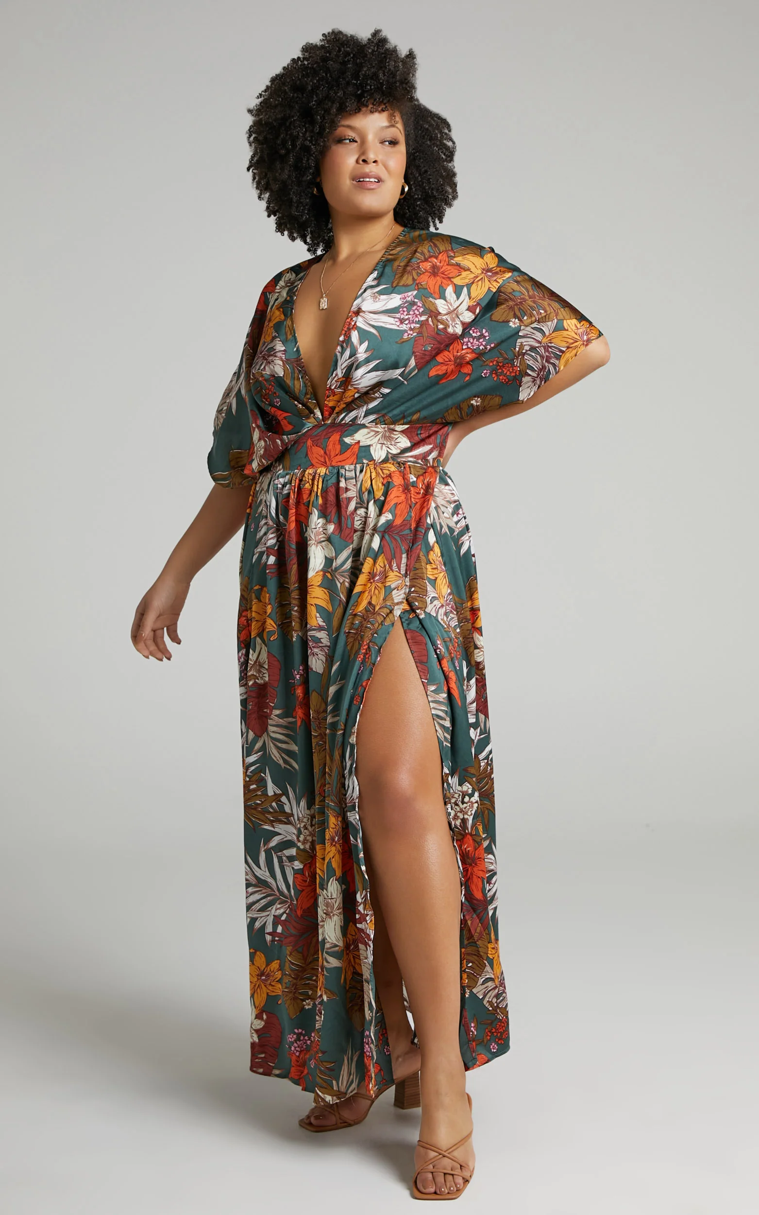 Vacay Ready Maxi Dress - Plunge Thigh Split Dress in Teal Floral Satin - Image 5