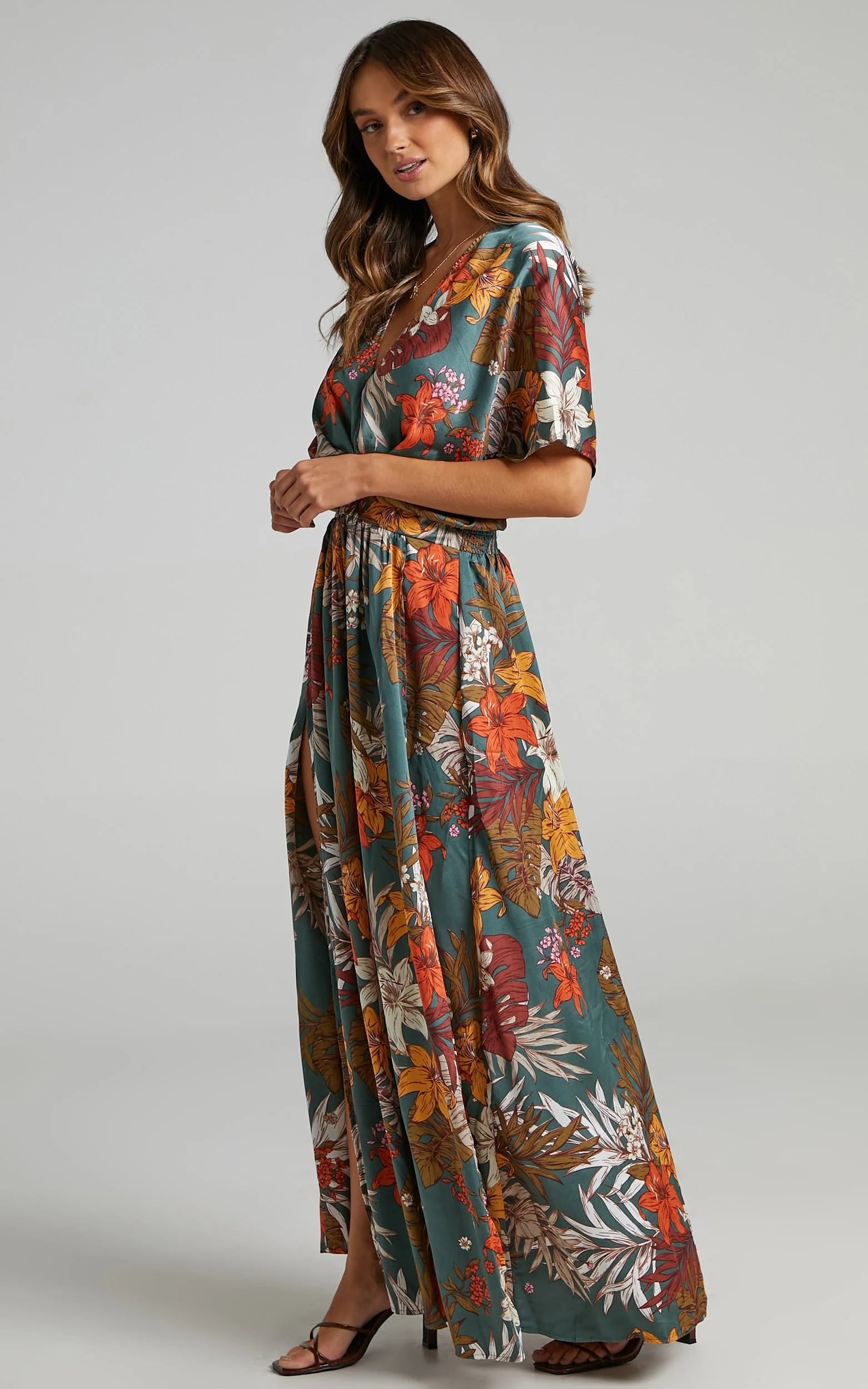 Vacay Ready Maxi Dress - Plunge Thigh Split Dress in Teal Floral Satin - Image 6
