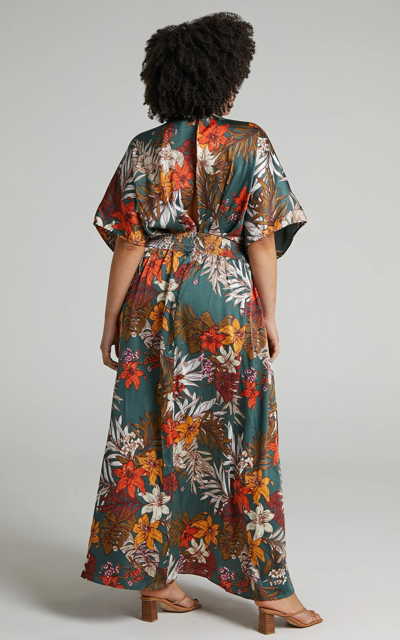 Vacay Ready Maxi Dress - Plunge Thigh Split Dress in Teal Floral Satin - Image 7