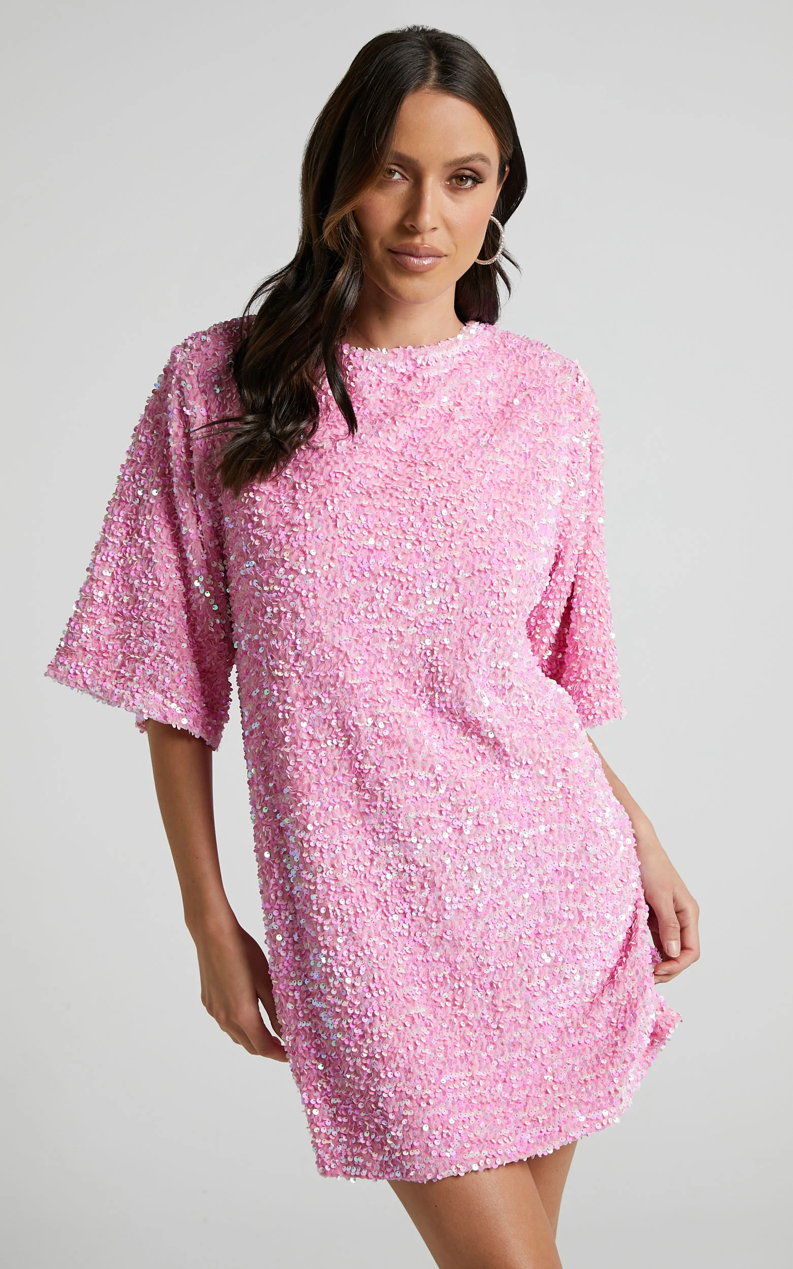 Valetta Mini Dress - Sequin low back shift dress in Pink Sequin - Image 3