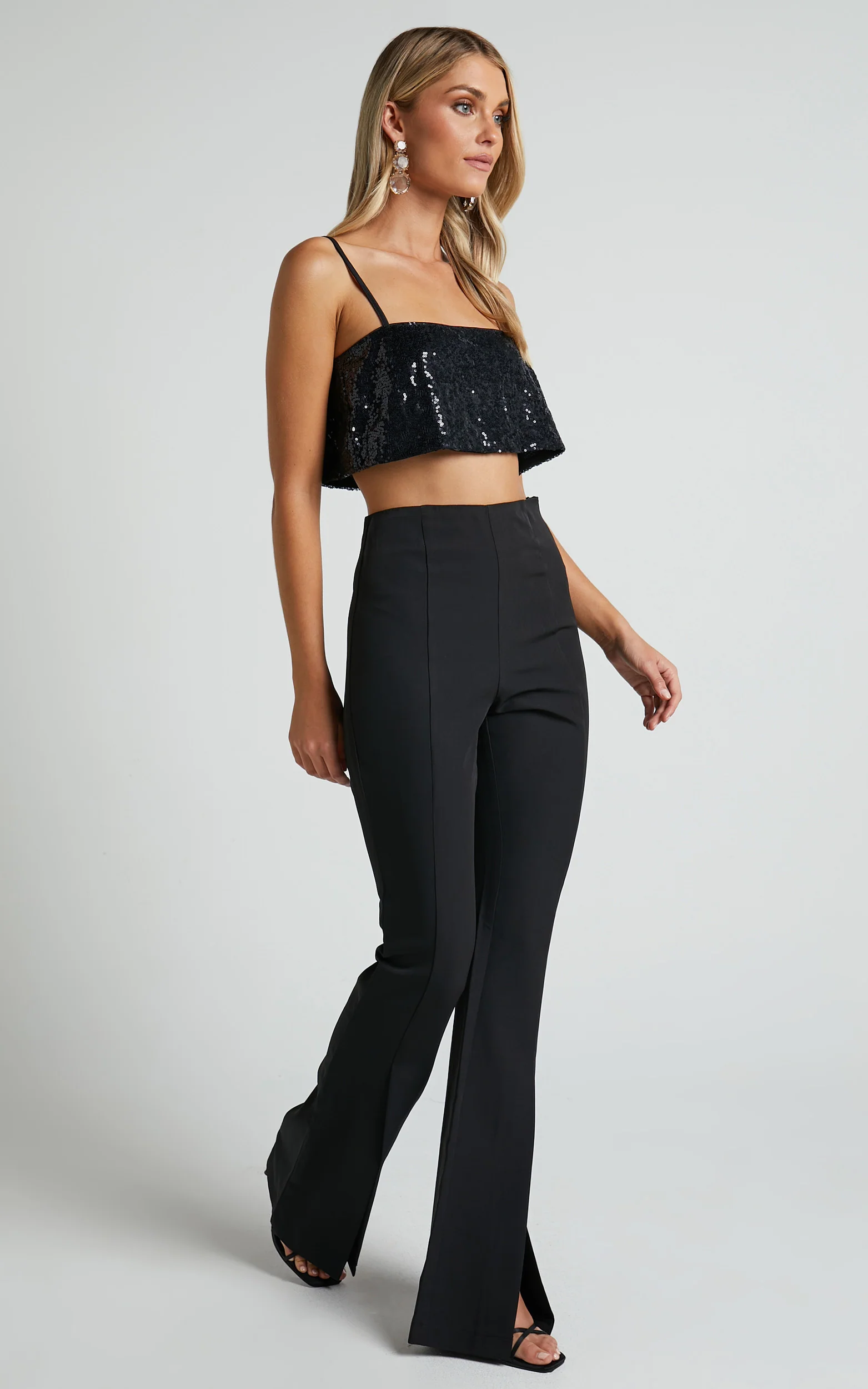 Volta Pants - Front High Waisted Split Boot Leg Kick Out Pants in Black - Image 3