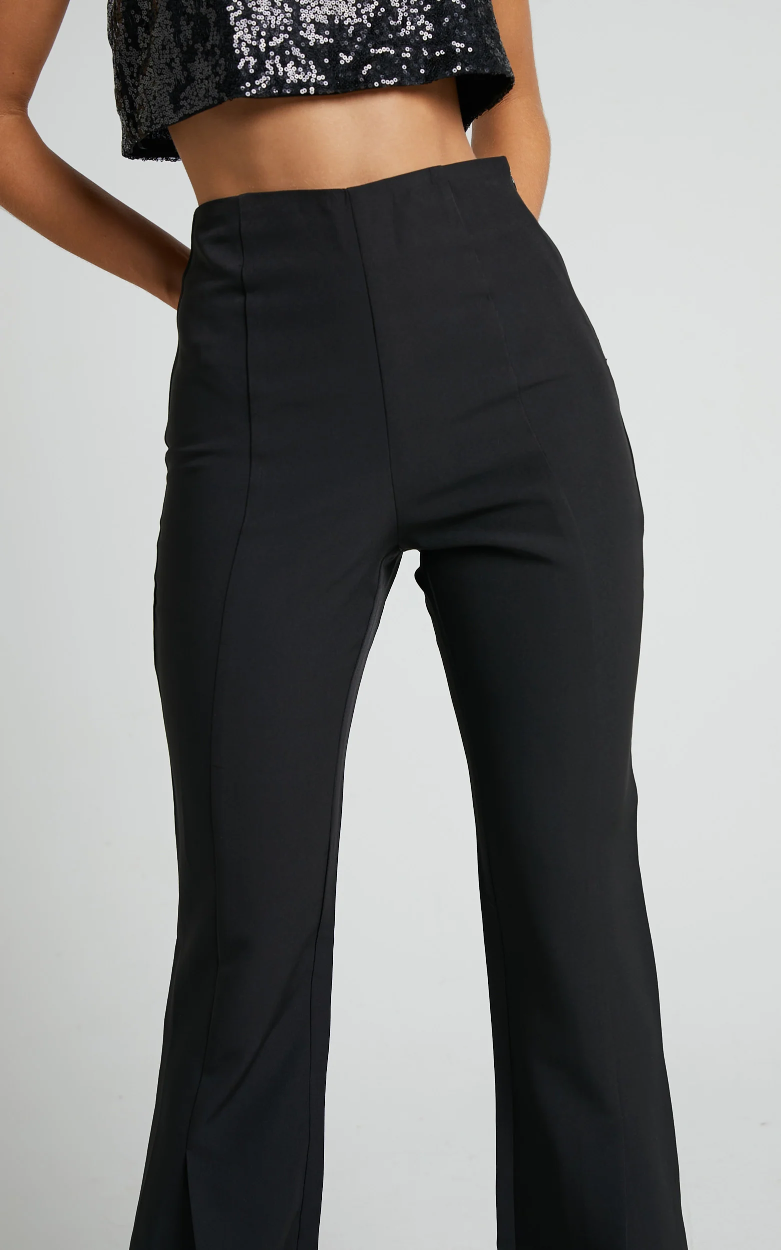 Volta Pants - Front High Waisted Split Boot Leg Kick Out Pants in Black - Image 4
